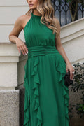 VESTIDO LONGO FRENTE ÚNICA COM CINTURA FRANZIDA E BABADOS VERDE ESMERALDA