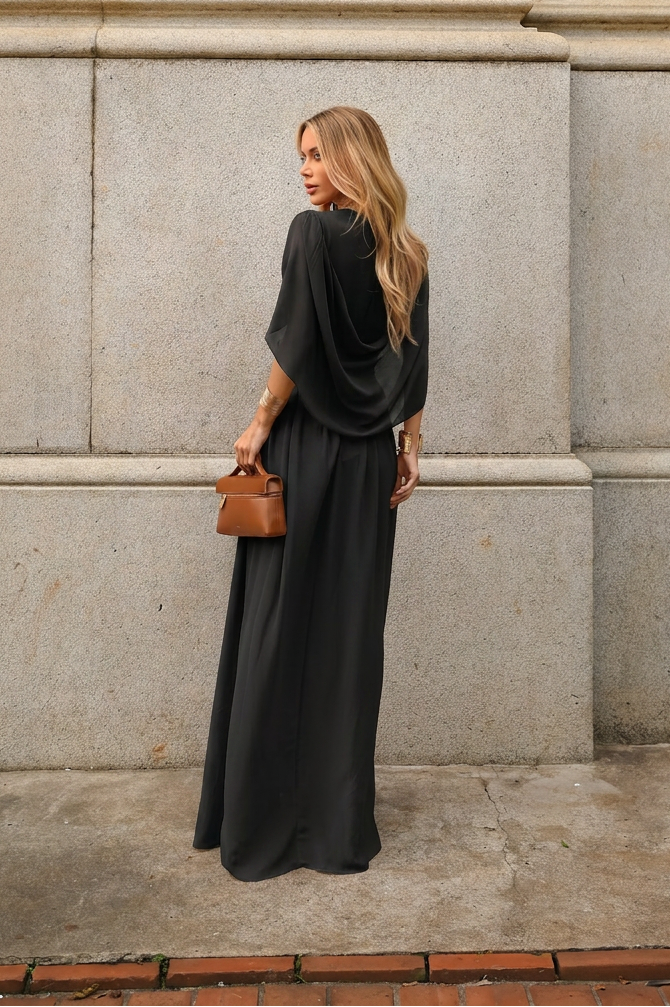VESTIDO LONGO DECOTE V COM MANGA MORCEGO E FRANZIDO NA CINTURA PRETO
