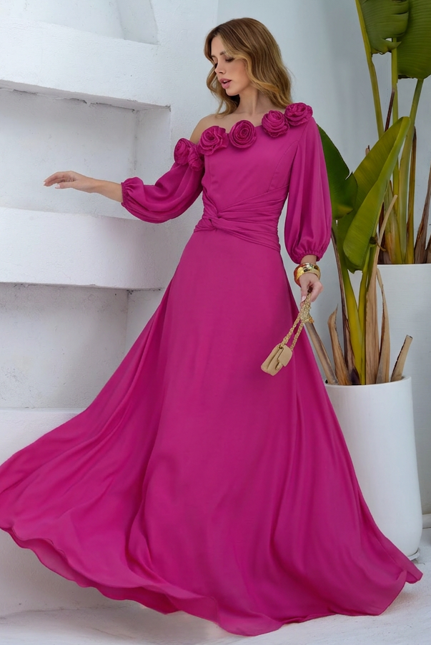 VESTIDO LONGO UM OMBRO COM MANGA BUFANTE E FLORES 3D ROSA
