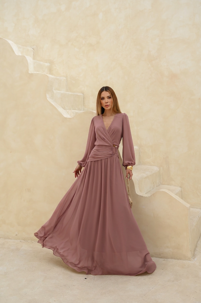 VESTIDO LONGO DECOTE V TRANSPASSADO COM FRANZIDO NA CINTURA ROSA ANTIGO