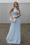 VESTIDO LONGO FRENTE ÚNICA COM RECORTE FRONTAL E CINTURA FRANZIDA AZUL