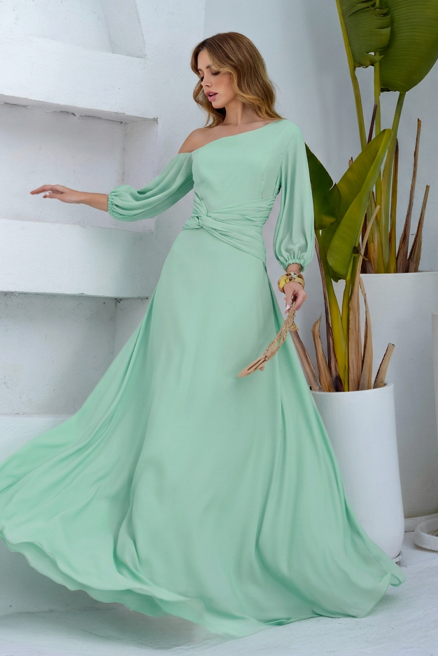 VESTIDO LONGO UM OMBRO COM MANGA BUFANTE E FLORES 3D VERDE MENTA