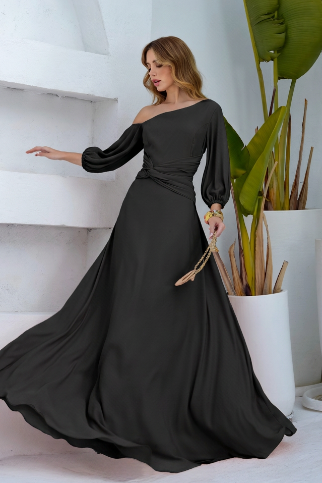 VESTIDO LONGO UM OMBRO COM MANGA BUFANTE E FLORES 3D PRETO