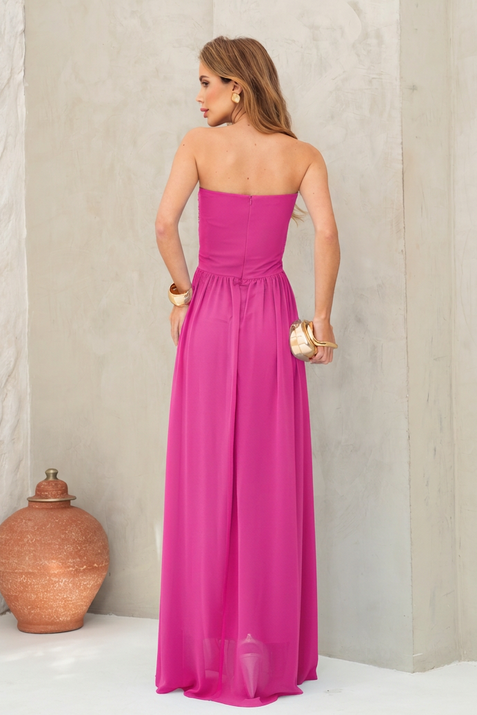 VESTIDO LONGO TOMARA QUE CAIA DECOTE V FRANZIDO E BROCHE FLORAL ROSA