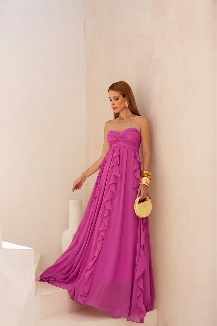 VESTIDO LONGO TOMARA QUE CAIA COM BABADOS CASCATA ROSA