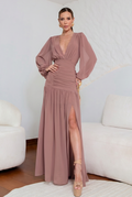 VESTIDO LONGO DECOTE V COM MANGA LONGA E FRANZIDO NA CINTURA ROSA ANTIGO