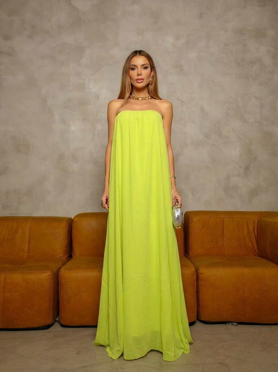 VESTIDO LONGO TOMARA QUE CAIA COM BUSTO DRAPEADO VERDE