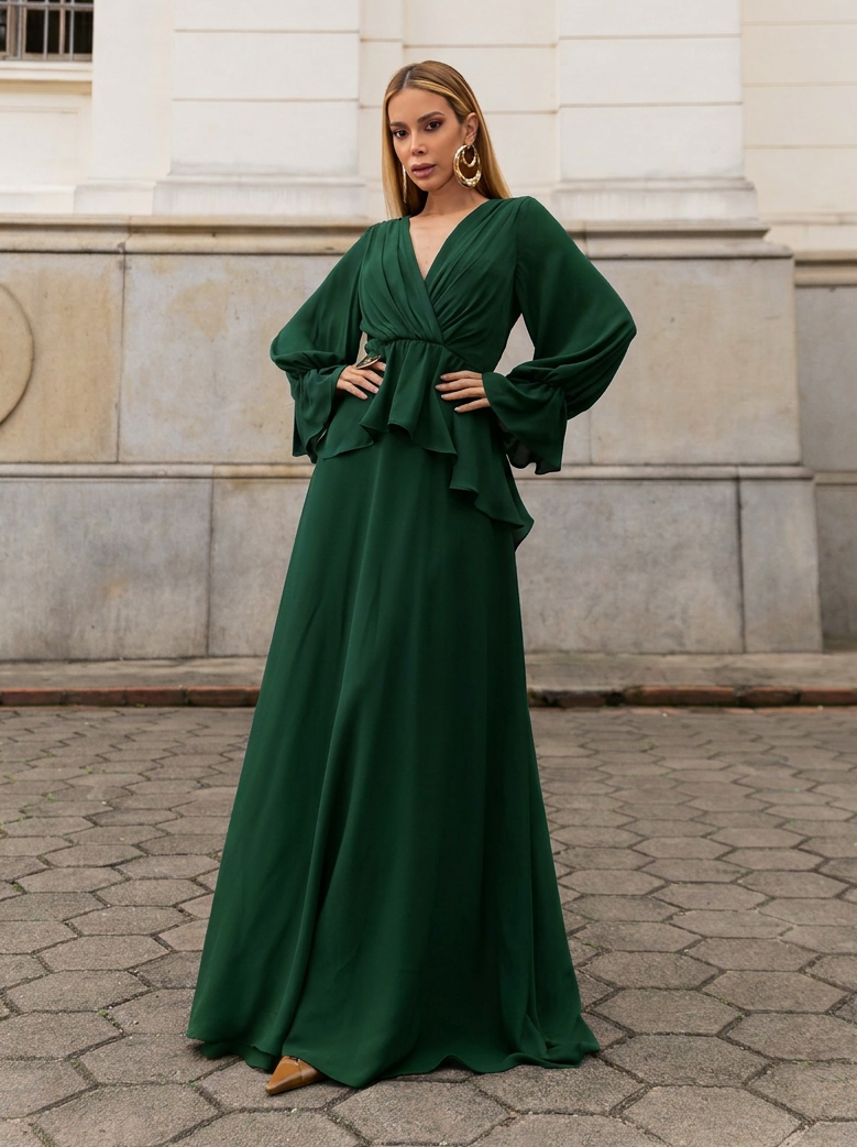 VESTIDO LONGO DECOTE V TRANSPASSADO COM PEPLUM E MANGA BUFANTE VERDE
