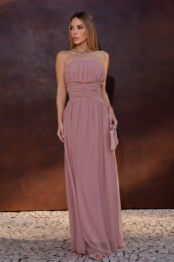 VESTIDO LONGO TOMARA QUE CAIA COM CORPETE FRANZIDO ROSA ANTIGO