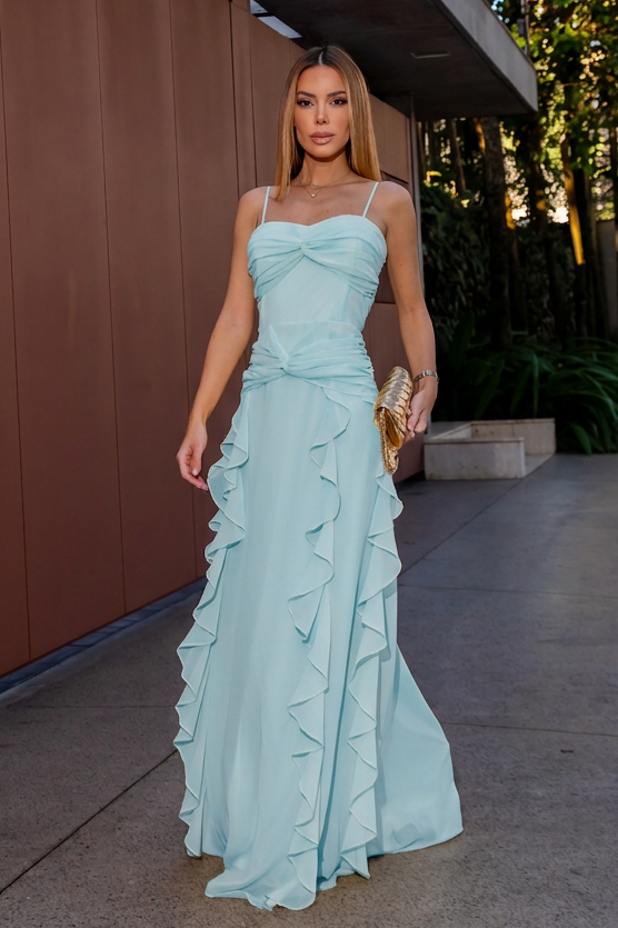 VESTIDO LONGO COM ALÇAS TORÇÃO NO BUSTO E CINTURA COM BABADOS AZUL