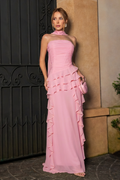 VESTIDO LONGO TOMARA QUE CAIA COM FRANZIDO E BABADOS ROSA BEBÊ