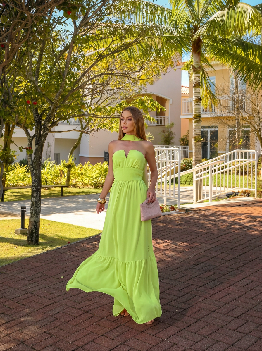 VESTIDO LONGO DECOTE V COM ECHARPE E FLOR 3D REMOVÍVEL VERDE