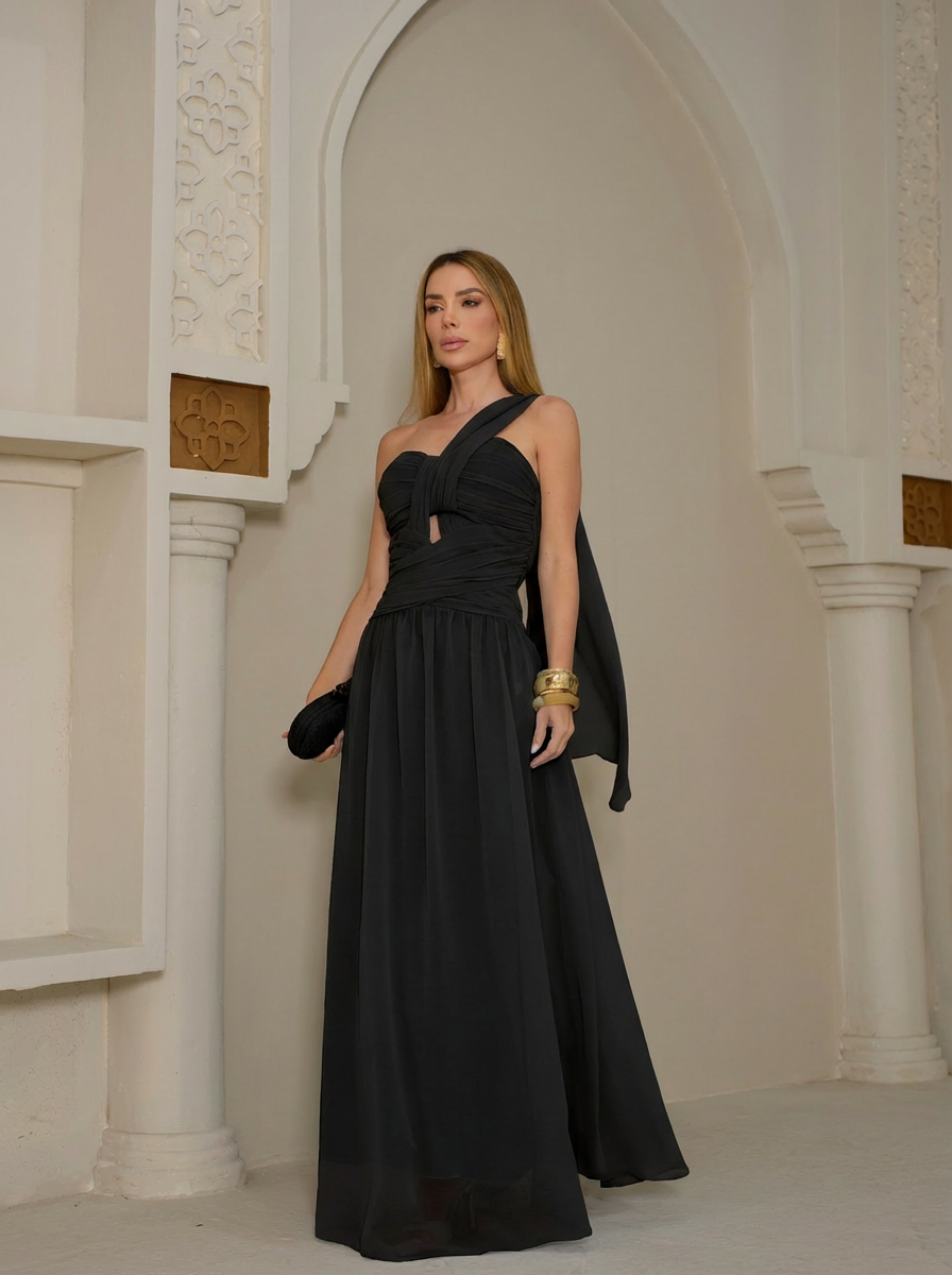 VESTIDO LONGO TOMARA QUE CAIA DRAPEADO PRETO