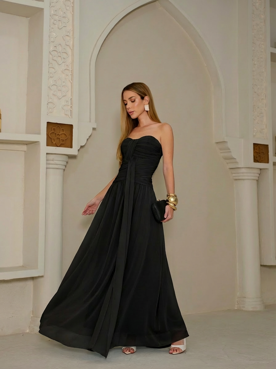 VESTIDO LONGO TOMARA QUE CAIA DRAPEADO PRETO