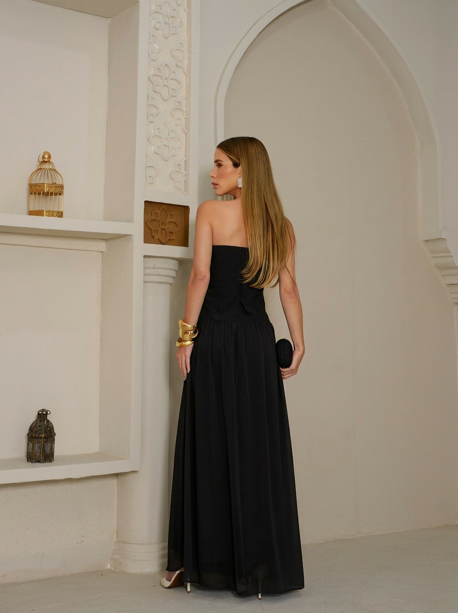 VESTIDO LONGO TOMARA QUE CAIA DRAPEADO PRETO