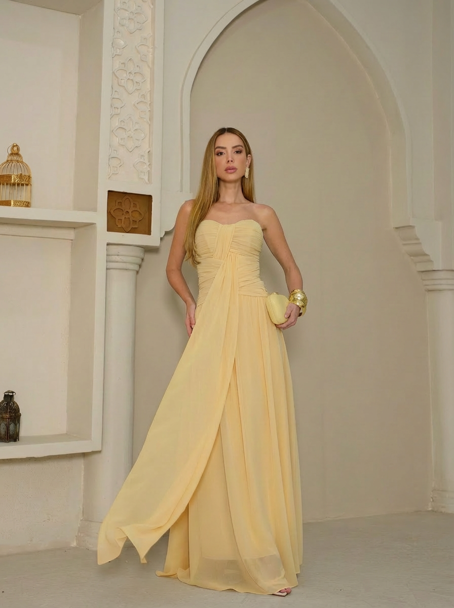 VESTIDO LONGO TOMARA QUE CAIA DRAPEADO AMARELO