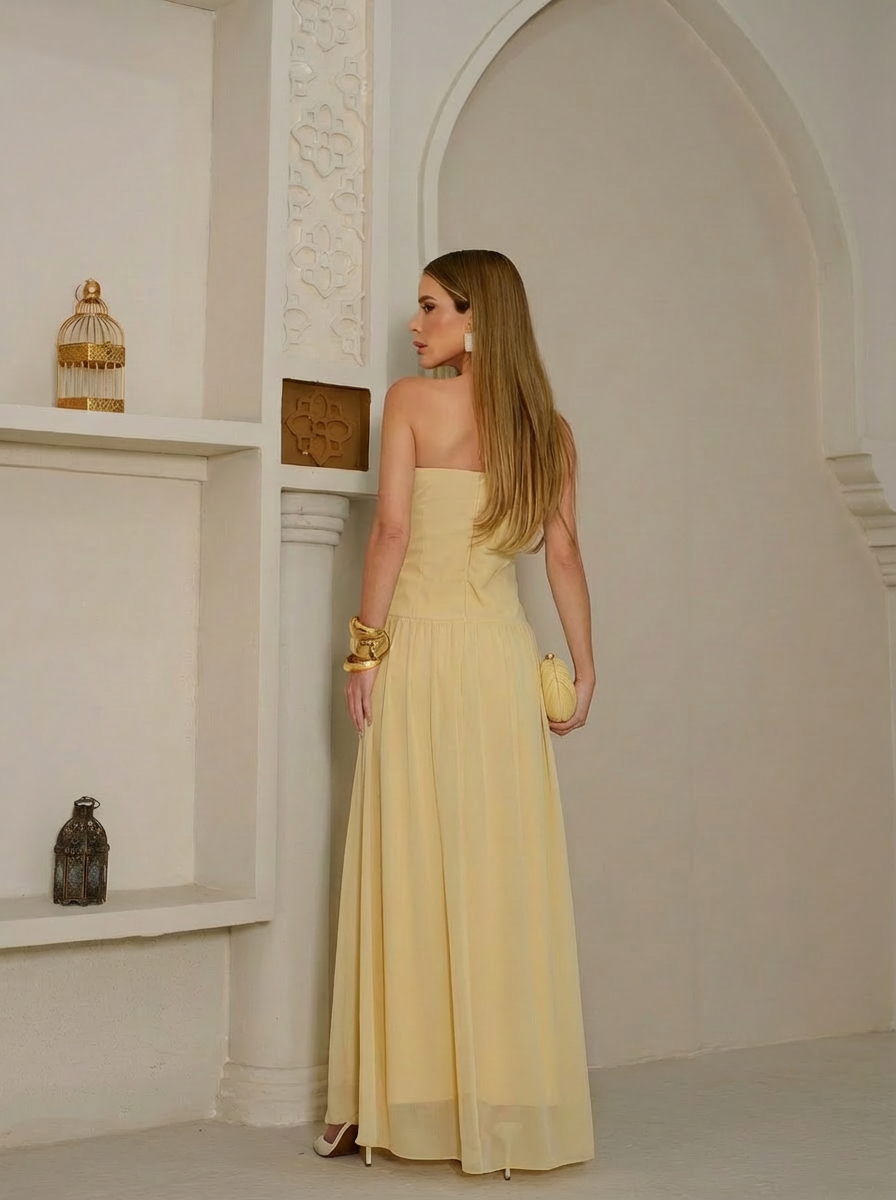 VESTIDO LONGO TOMARA QUE CAIA DRAPEADO AMARELO