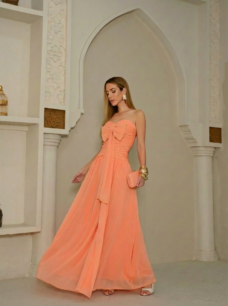 VESTIDO LONGO TOMARA QUE CAIA DRAPEADO LARANJA