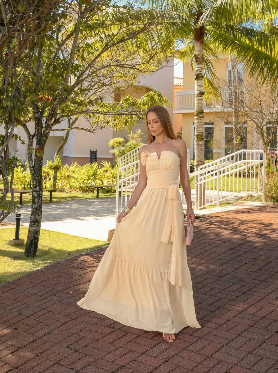 VESTIDO LONGO DECOTE V COM ECHARPE E FLOR 3D REMOVÍVEL AMARELO