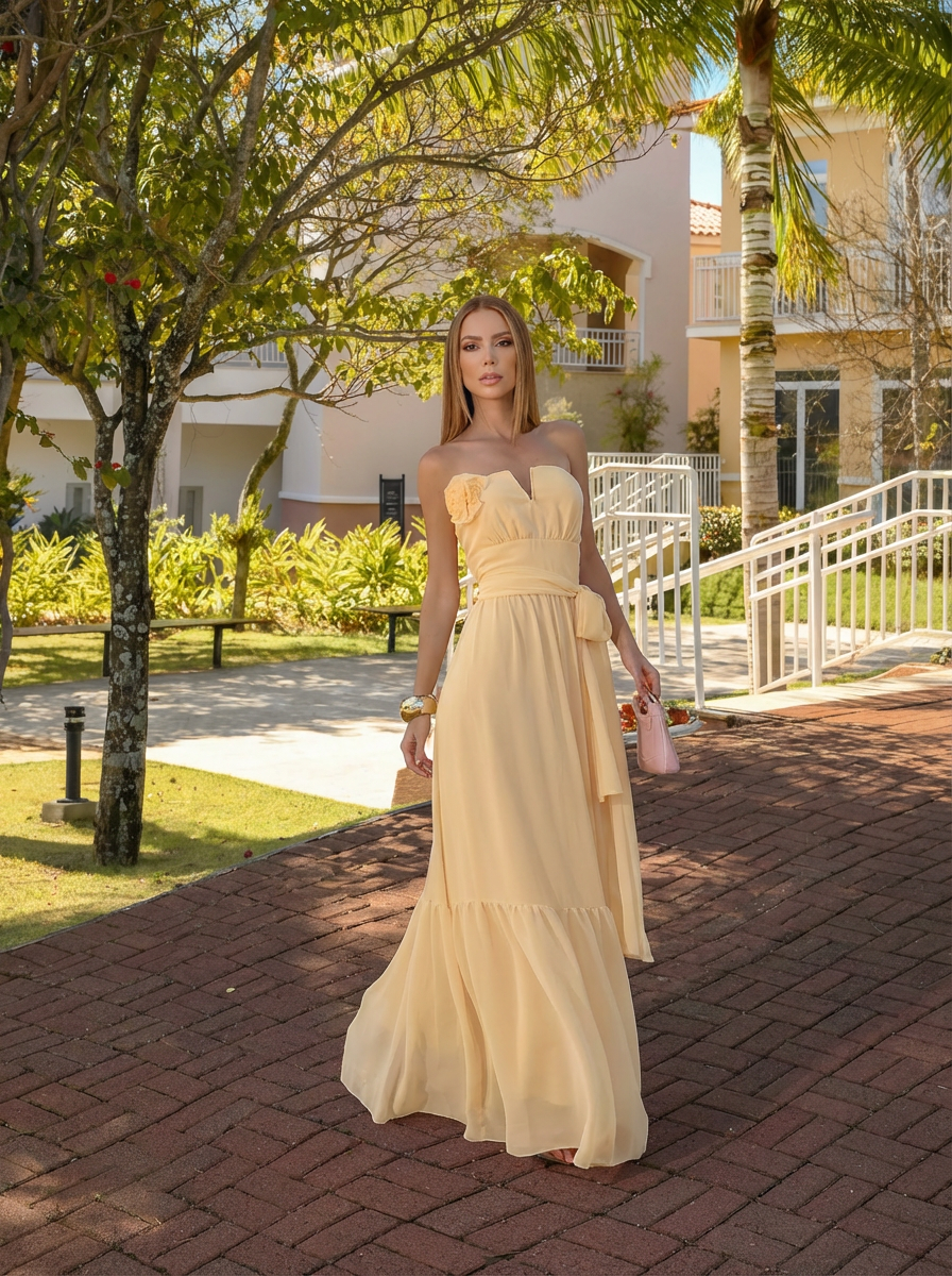 VESTIDO LONGO DECOTE V COM ECHARPE E FLOR 3D REMOVÍVEL AMARELO
