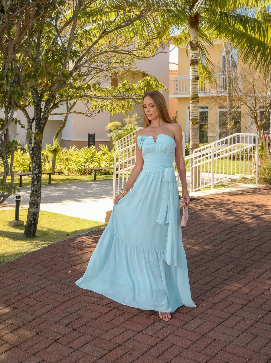 VESTIDO LONGO DECOTE V COM ECHARPE E FLOR 3D REMOVÍVEL AZUL