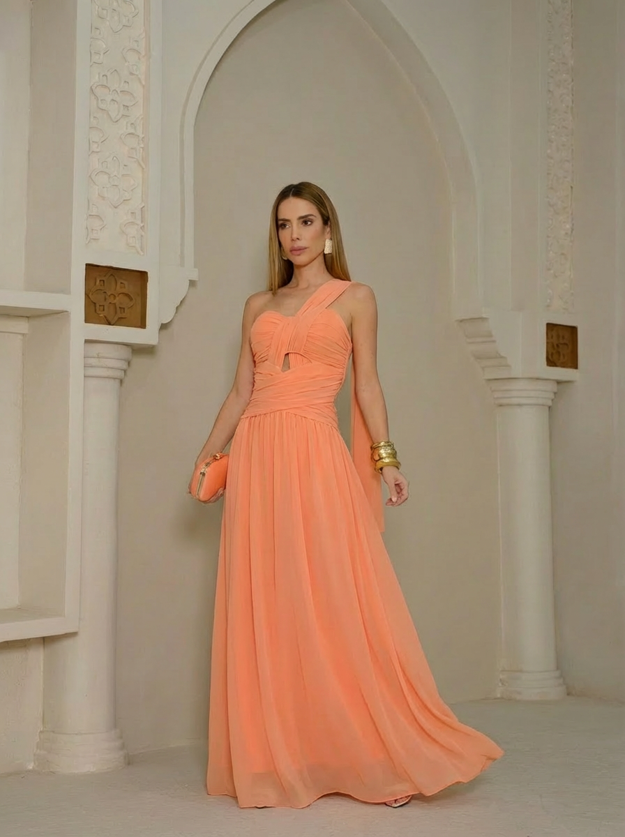VESTIDO LONGO TOMARA QUE CAIA DRAPEADO LARANJA