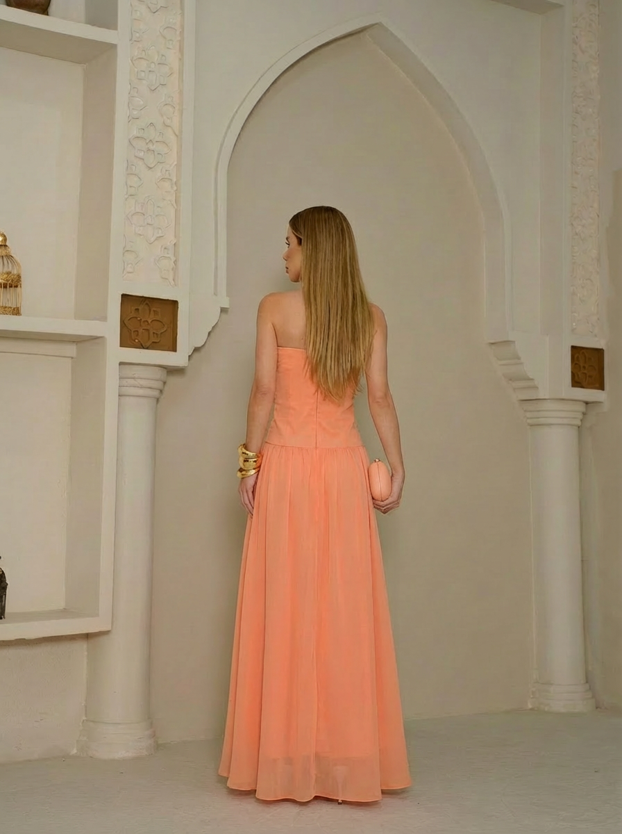 VESTIDO LONGO TOMARA QUE CAIA DRAPEADO LARANJA