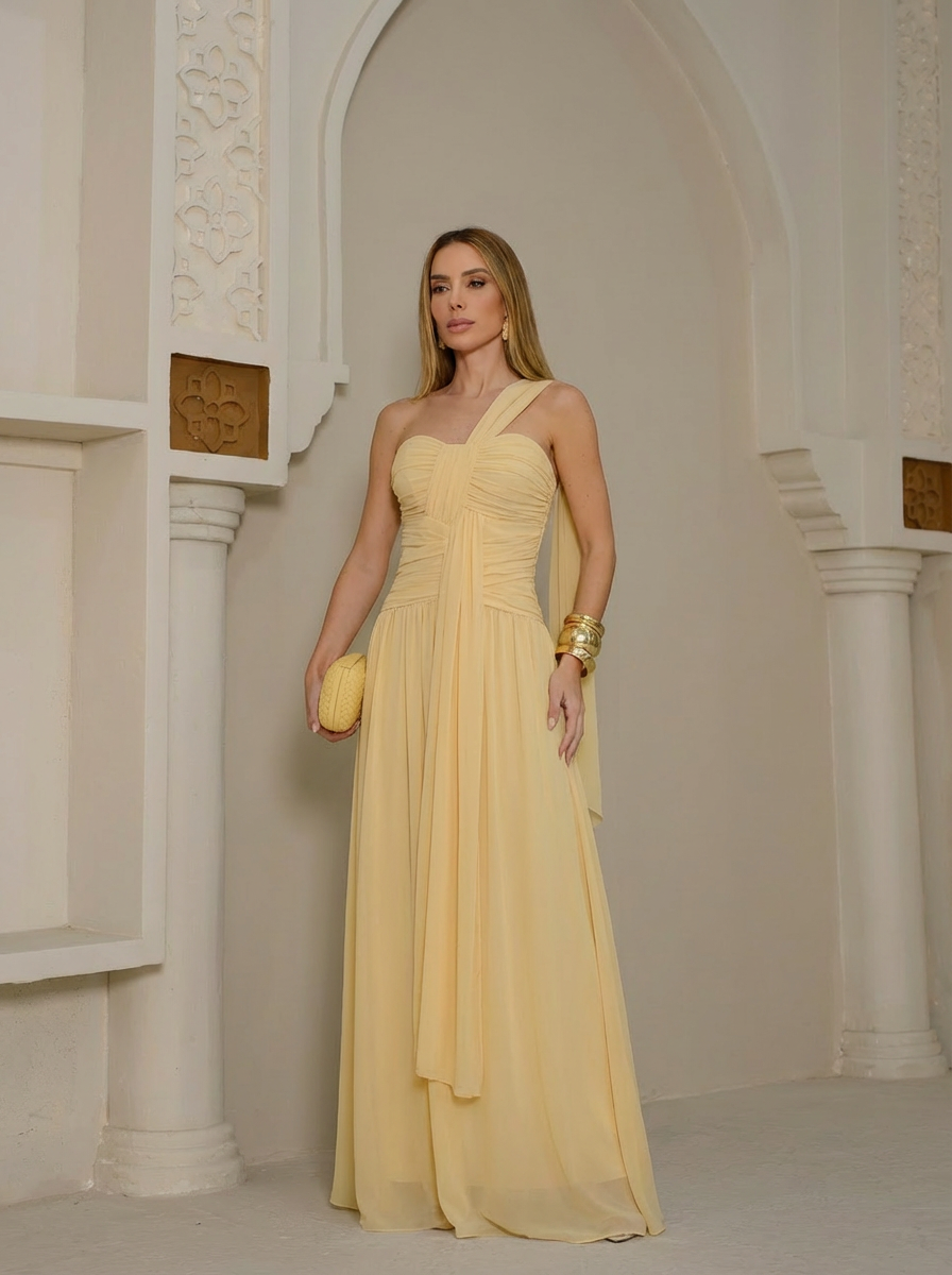 VESTIDO LONGO TOMARA QUE CAIA DRAPEADO AMARELO