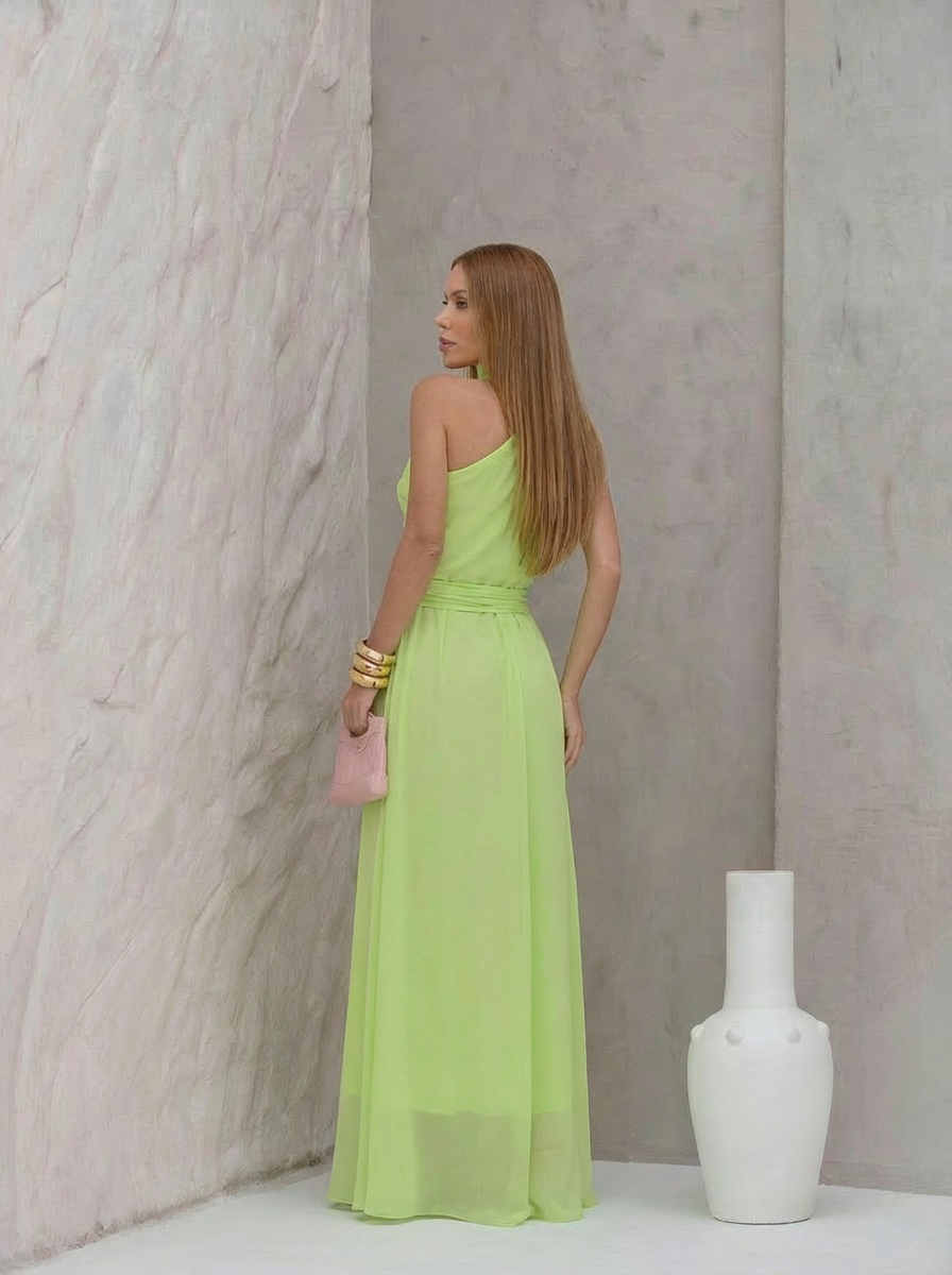 VESTIDO LONGO UM OMBRO DRAPEADO LATERAL ECHARPE COM FIVELA E CHOKER REMOVÍVEL VERDE