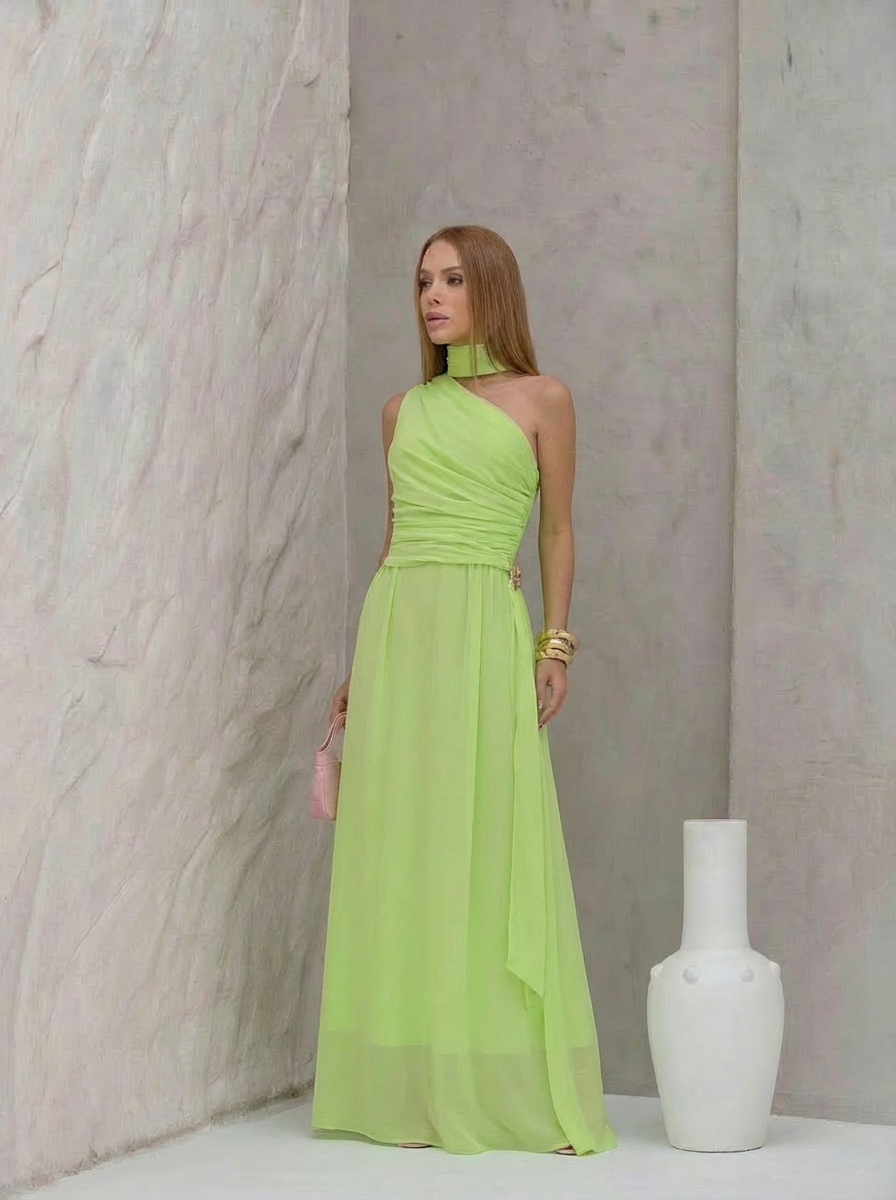 VESTIDO LONGO UM OMBRO DRAPEADO LATERAL ECHARPE COM FIVELA E CHOKER REMOVÍVEL VERDE