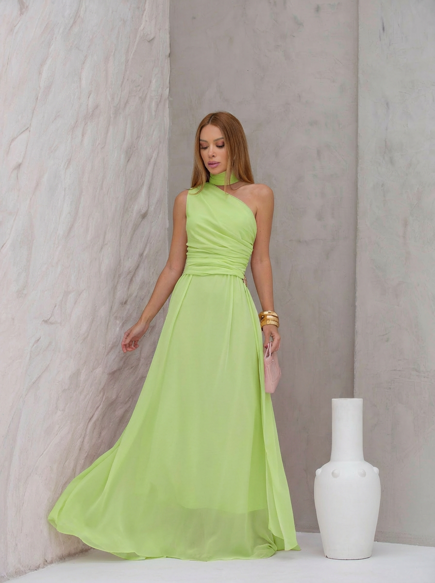 VESTIDO LONGO UM OMBRO DRAPEADO LATERAL ECHARPE COM FIVELA E CHOKER REMOVÍVEL VERDE