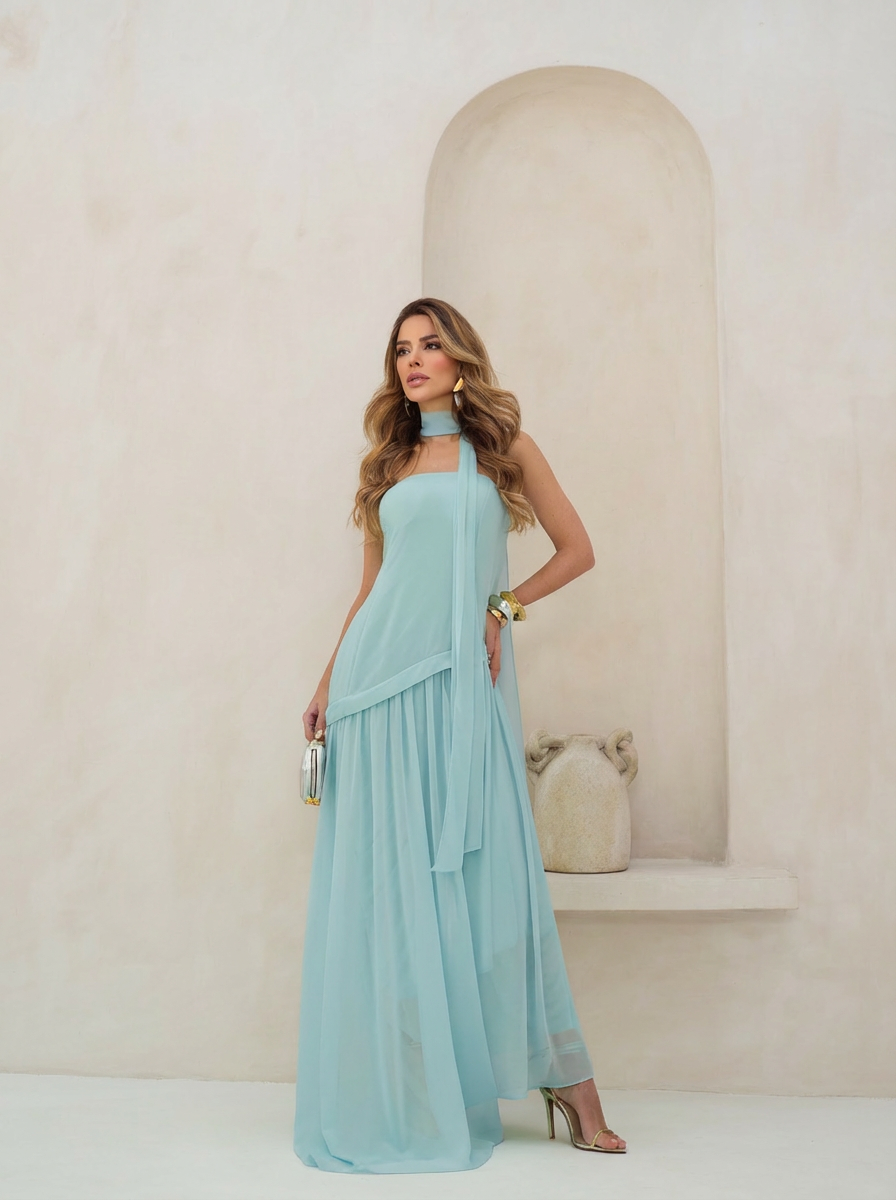 VESTIDO LONGO TOMARA QUE CAIA COM SAIA ASSIMÉTRICA E FAIXA AZUL