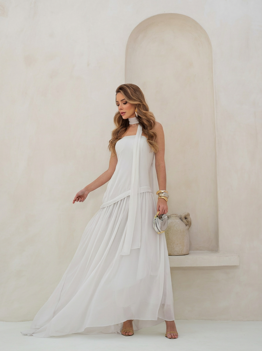 VESTIDO LONGO TOMARA QUE CAIA COM SAIA ASSIMÉTRICA E FAIXA OFF WHITE