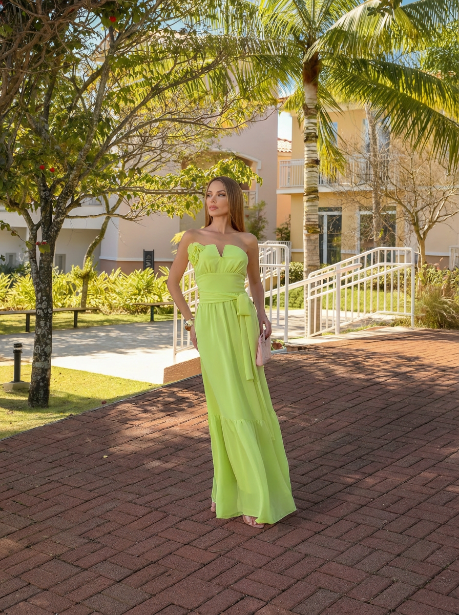 VESTIDO LONGO DECOTE V COM ECHARPE E FLOR 3D REMOVÍVEL VERDE