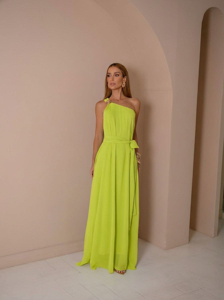 VESTIDO LONGO UM OMBRO COM FIVELA NA ALÇA E FAIXA VERDE