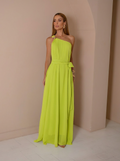 VESTIDO LONGO UM OMBRO COM FIVELA NA ALÇA E FAIXA VERDE