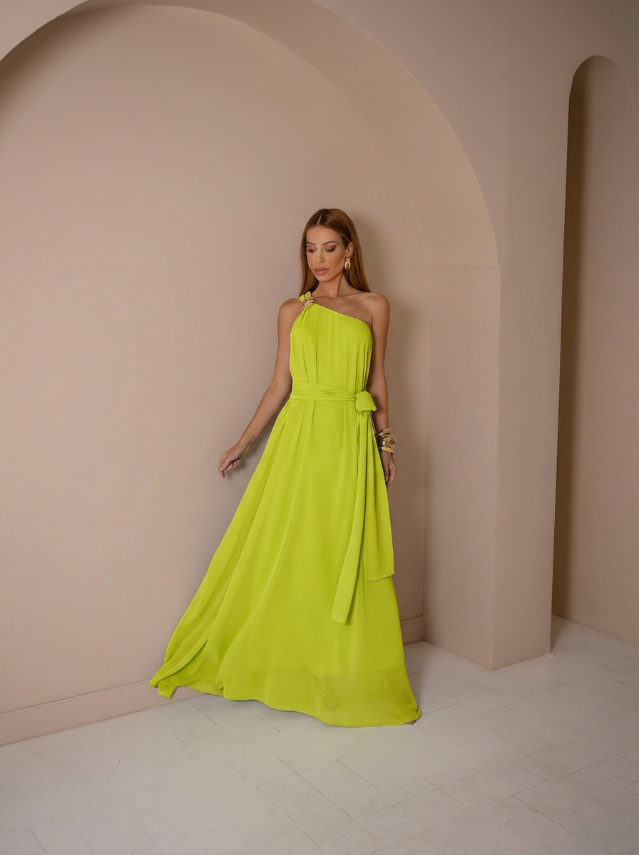 VESTIDO LONGO UM OMBRO COM FIVELA NA ALÇA E FAIXA VERDE