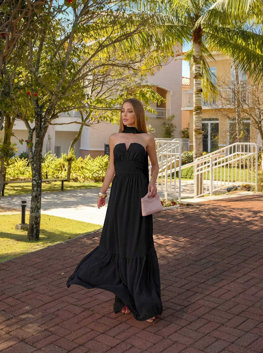 VESTIDO LONGO DECOTE V COM ECHARPE E FLOR 3D REMOVÍVEL PRETO