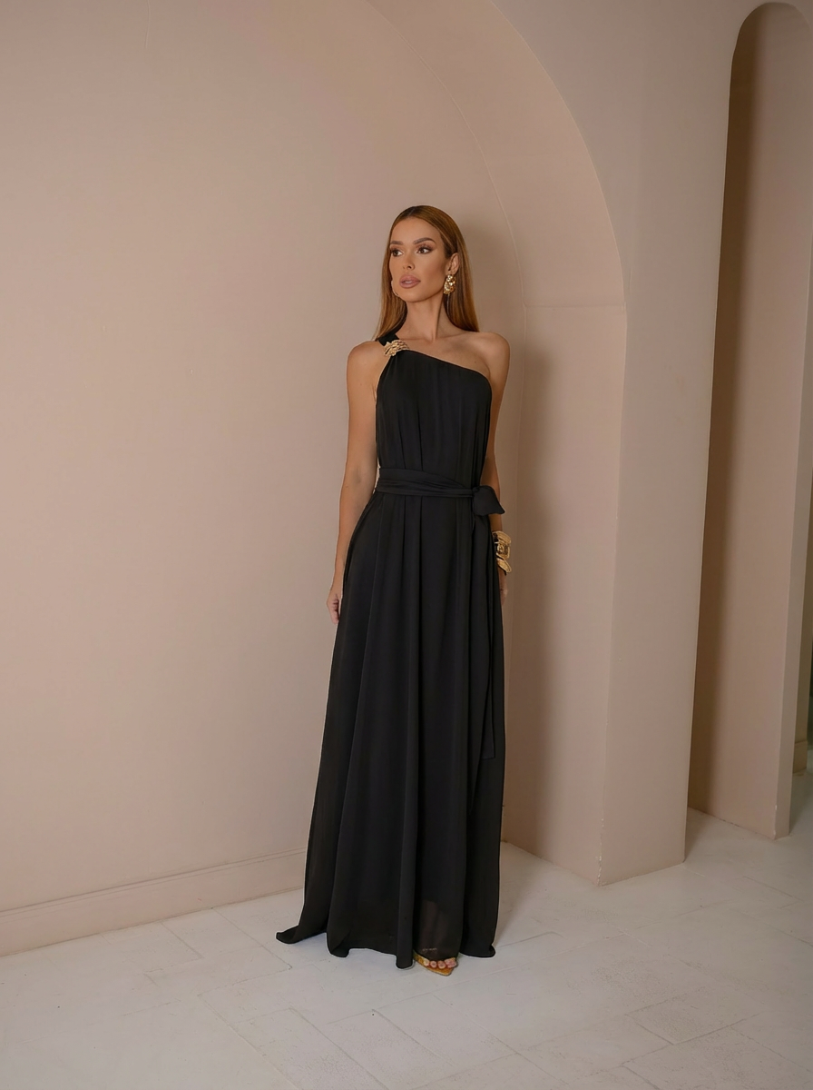 VESTIDO LONGO UM OMBRO COM FIVELA NA ALÇA E FAIXA PRETO