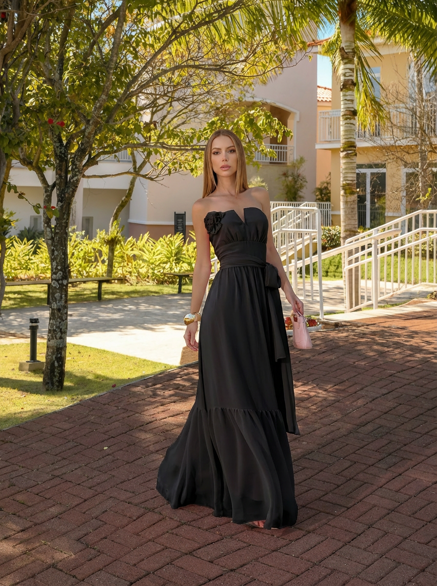 VESTIDO LONGO DECOTE V COM ECHARPE E FLOR 3D REMOVÍVEL PRETO