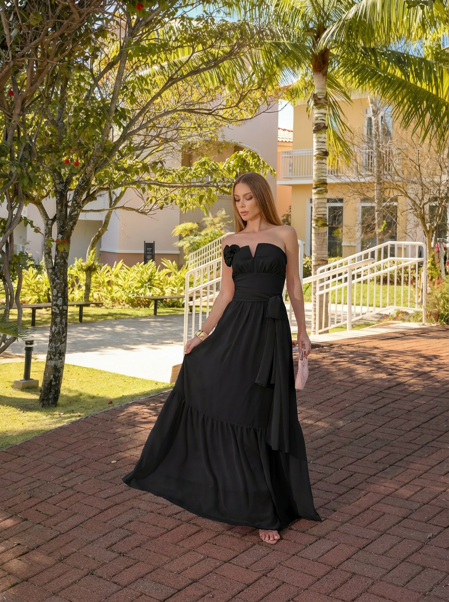 VESTIDO LONGO DECOTE V COM ECHARPE E FLOR 3D REMOVÍVEL PRETO