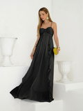 VESTIDO LONGO DECOTE CORAÇÃO COM ALÇAS DRAPEADO NO BUSTO E BABADO CASCATA PRETO