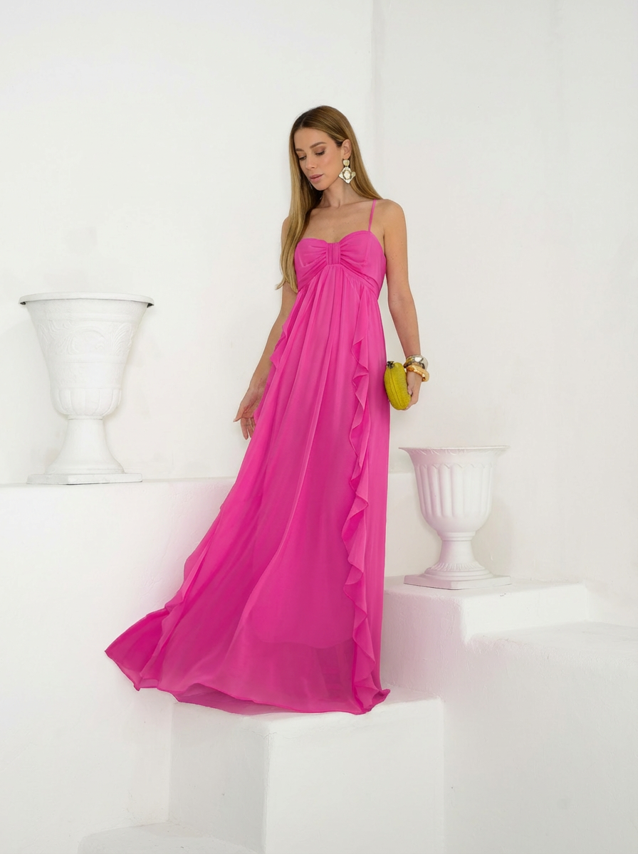 VESTIDO LONGO DECOTE CORAÇÃO COM ALÇAS DRAPEADO NO BUSTO E BABADO CASCATA ROSA