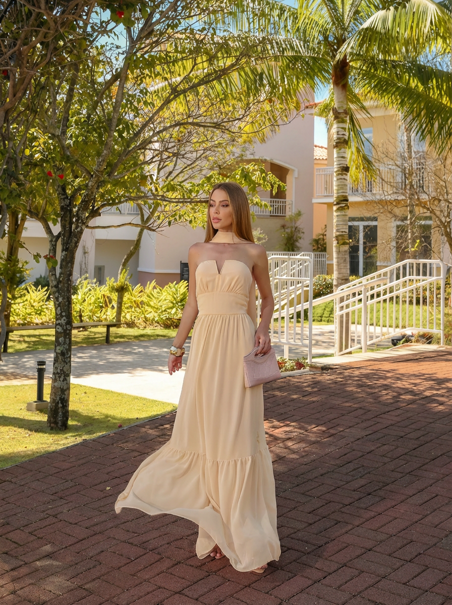 VESTIDO LONGO DECOTE V COM ECHARPE E FLOR 3D REMOVÍVEL AMARELO