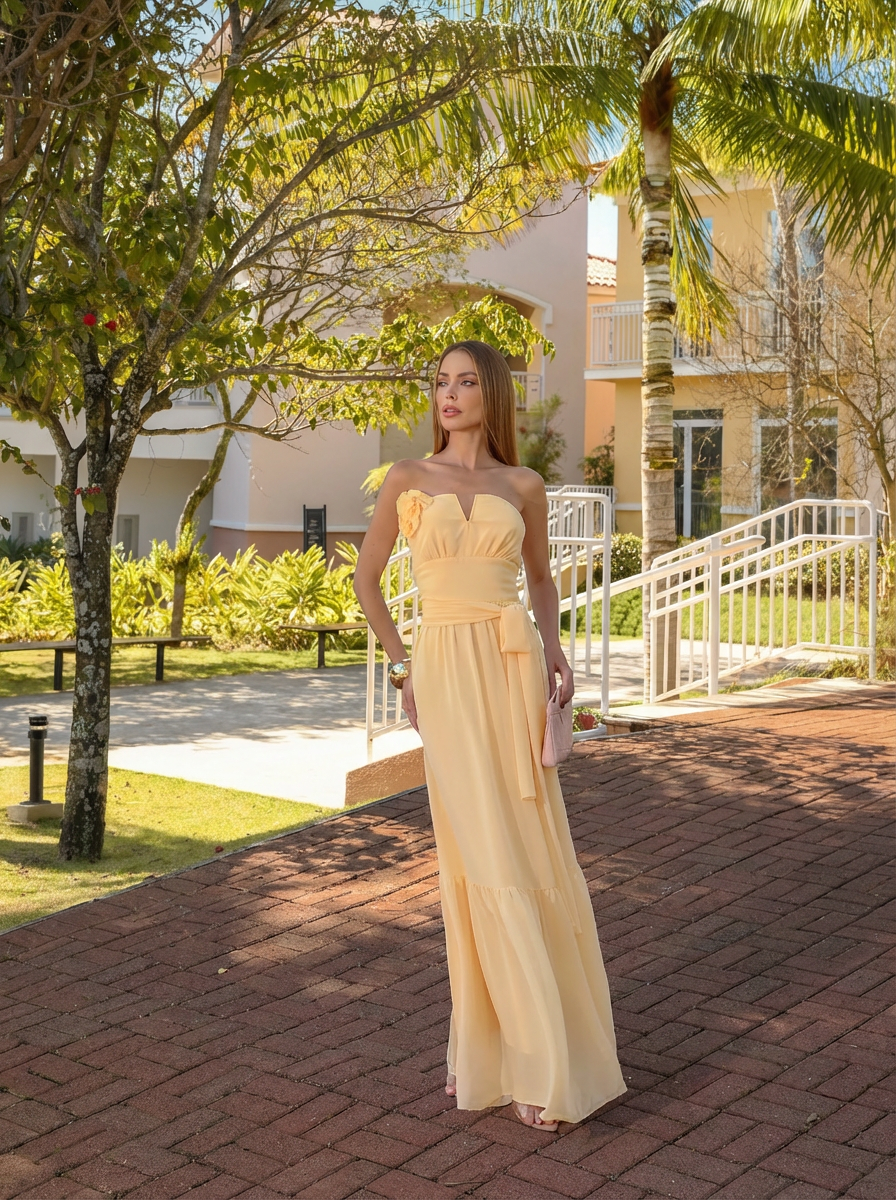 VESTIDO LONGO DECOTE V COM ECHARPE E FLOR 3D REMOVÍVEL AMARELO