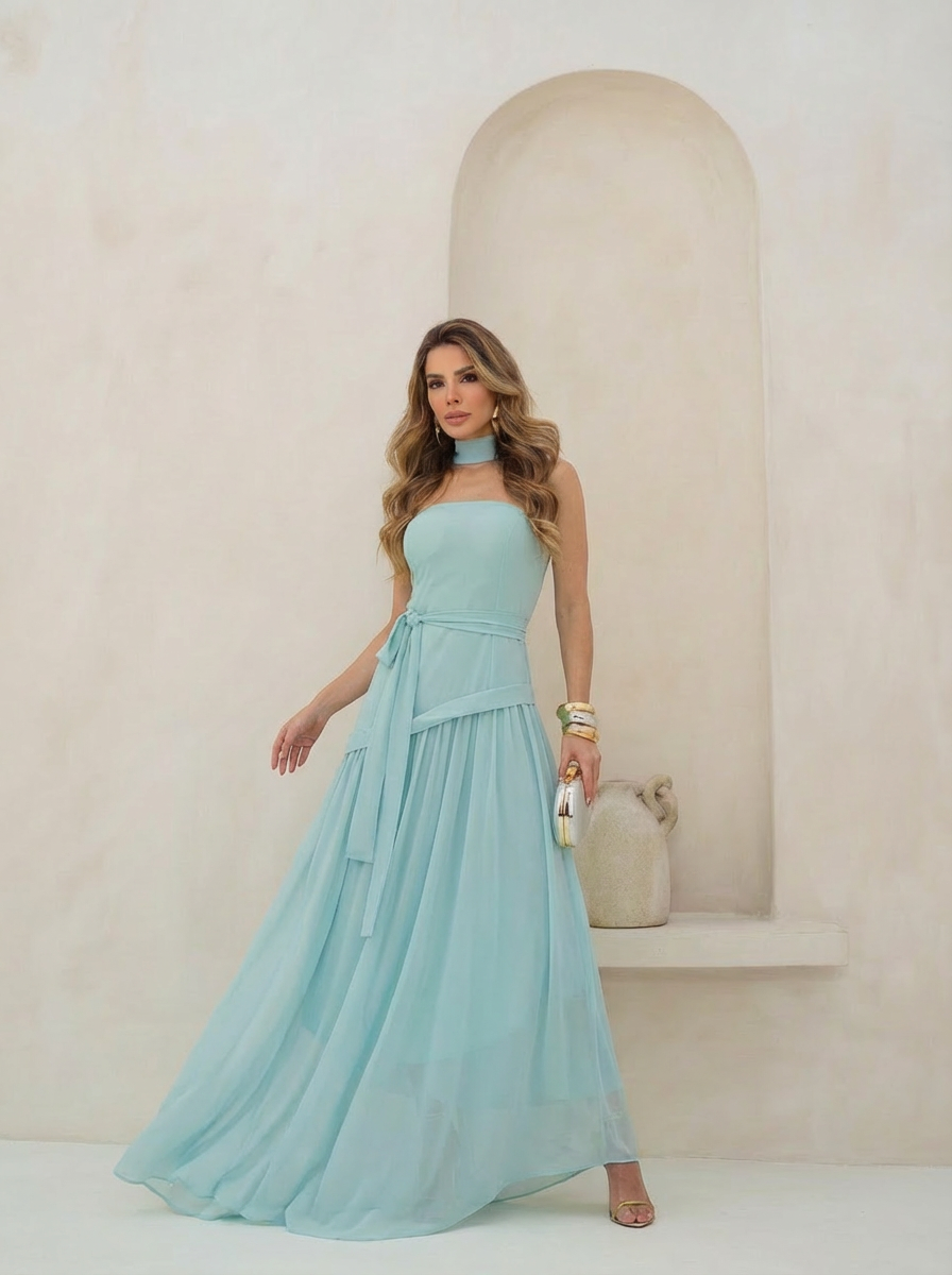 VESTIDO LONGO TOMARA QUE CAIA COM SAIA ASSIMÉTRICA E FAIXA AZUL