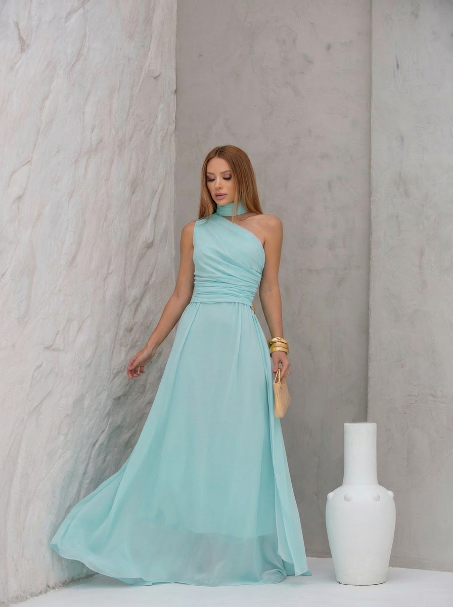 VESTIDO LONGO UM OMBRO DRAPEADO LATERAL ECHARPE COM FIVELA E CHOKER REMOVÍVEL AZUL