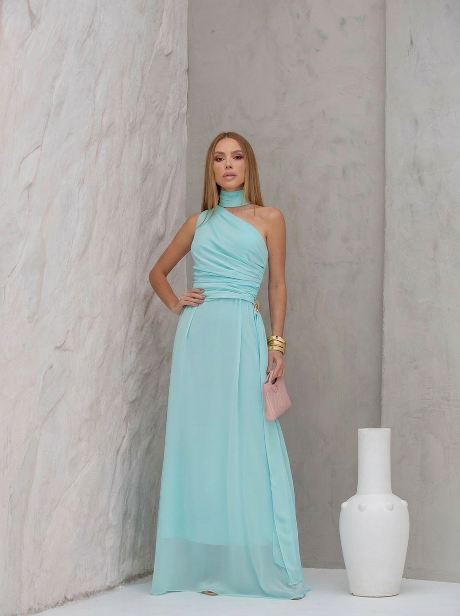 VESTIDO LONGO UM OMBRO DRAPEADO LATERAL ECHARPE COM FIVELA E CHOKER REMOVÍVEL AZUL