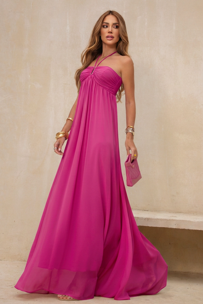 VESTIDO LONGO TOMARA QUE CAIA DRAPEADO NO BUSTO ROSA