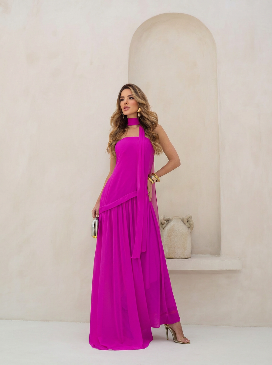 VESTIDO LONGO TOMARA QUE CAIA COM SAIA ASSIMÉTRICA E FAIXA ROSA